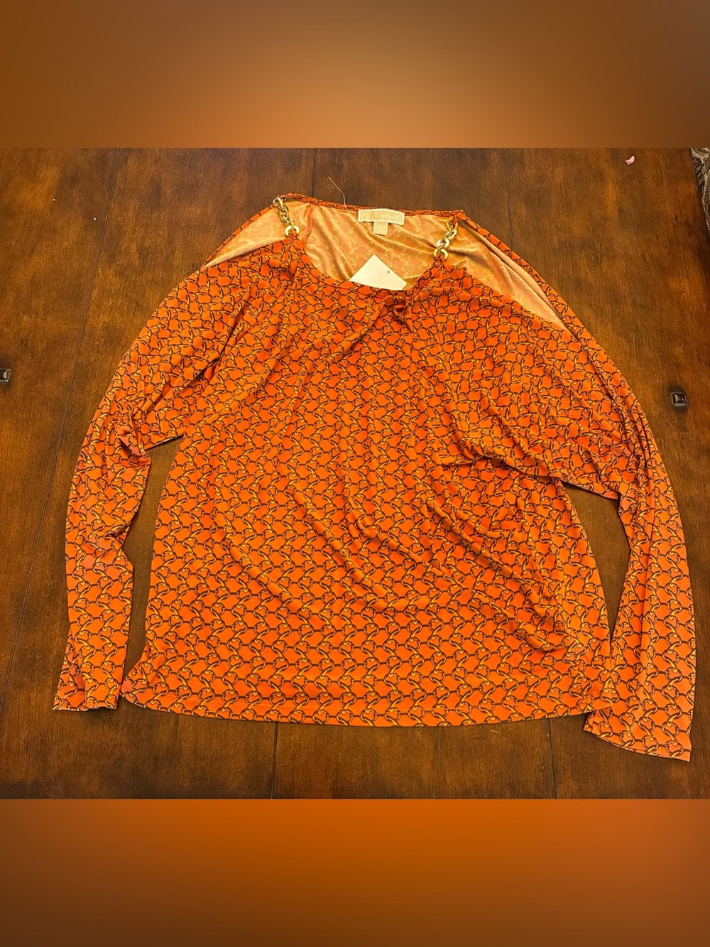 MICHAEL Michael Kors Orange Chain-Print Long-Sleeve Top with Gold Chain Detail